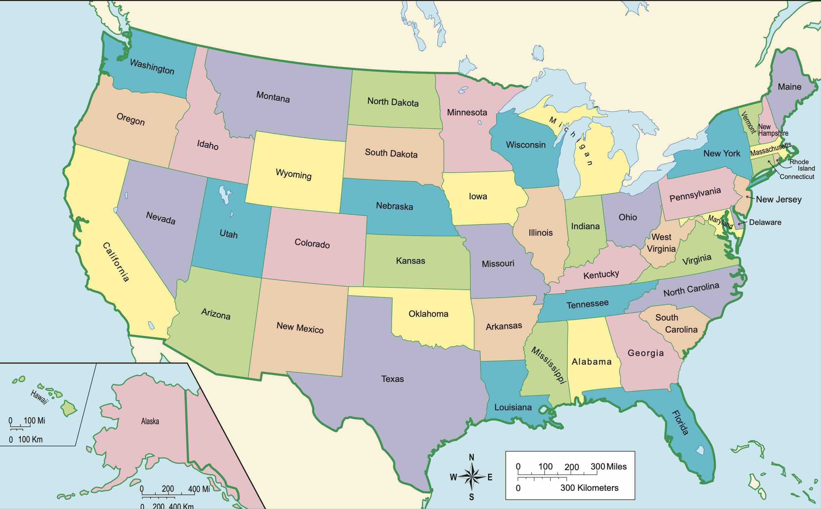 Free printable US map with states labeled